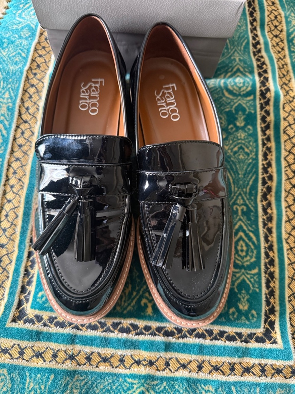 Franco Sarto Black Patent Tassel Loafers with Tan Trim